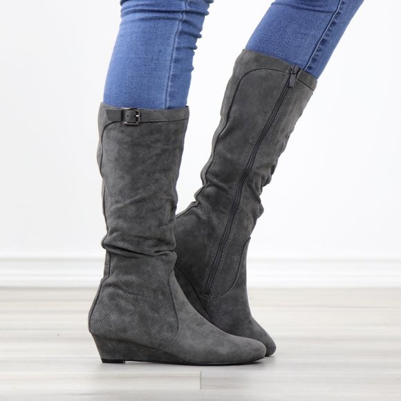 Grey Faux Suede Round Toe Low Kitten Wedge Heel Mid Calf Boots - Picture 3 of 12